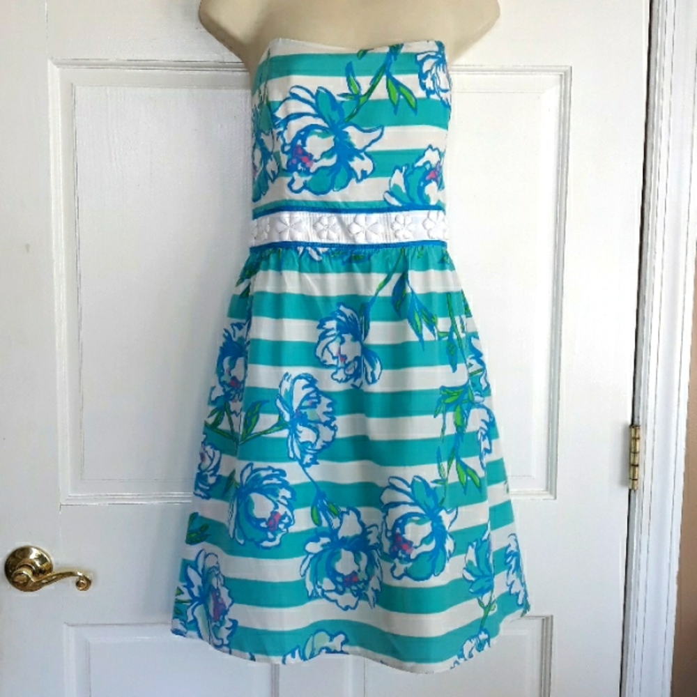 Lilly Pulitzer Langley strapless silk blend dress in blue white and green